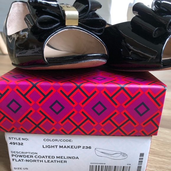 Tory Burch Patent Black Stacked Bow Peep toe Flats - Picture 14 of 15